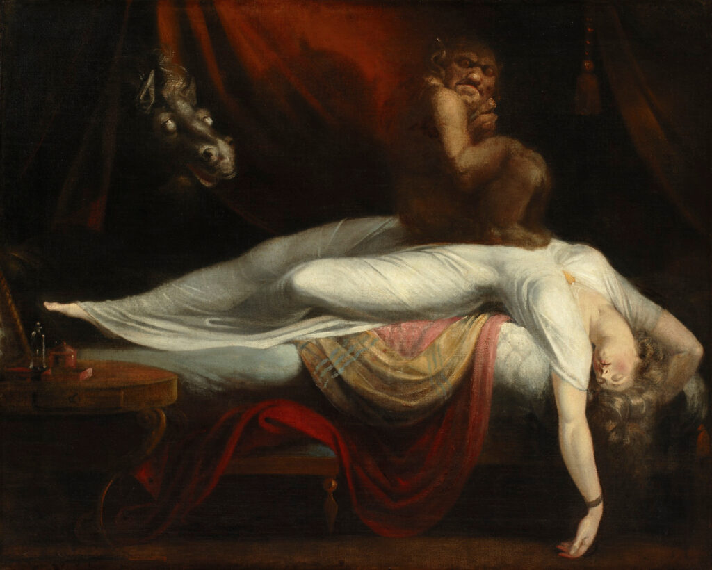 The Nightmare by Henry Fuseli. A demonic creature sits on a sleeping woman's chest.