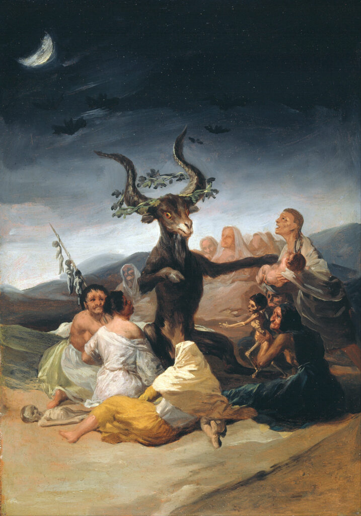 Witches' Sabbath by Francisco Goya. People encircle a demonic goat.