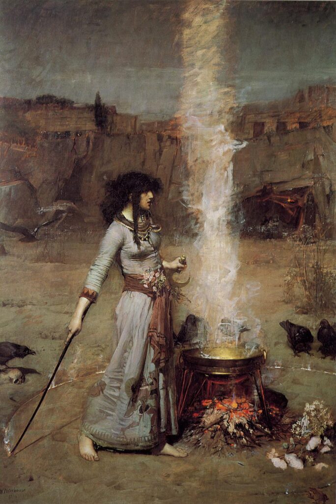 The Magic Circle by John William Waterhouse. A witch stands next to a cauldron, holding a stick.