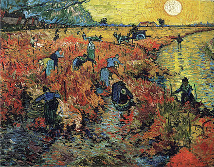 Painting by Vincent Van Gogh, The Red Vineyard - Workers in a vineyard on a sunny day.