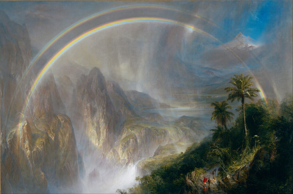 Painting by Frederic Edwin Church, Rainy Season in the Tropics - Mountainous landscape with a double rainbow