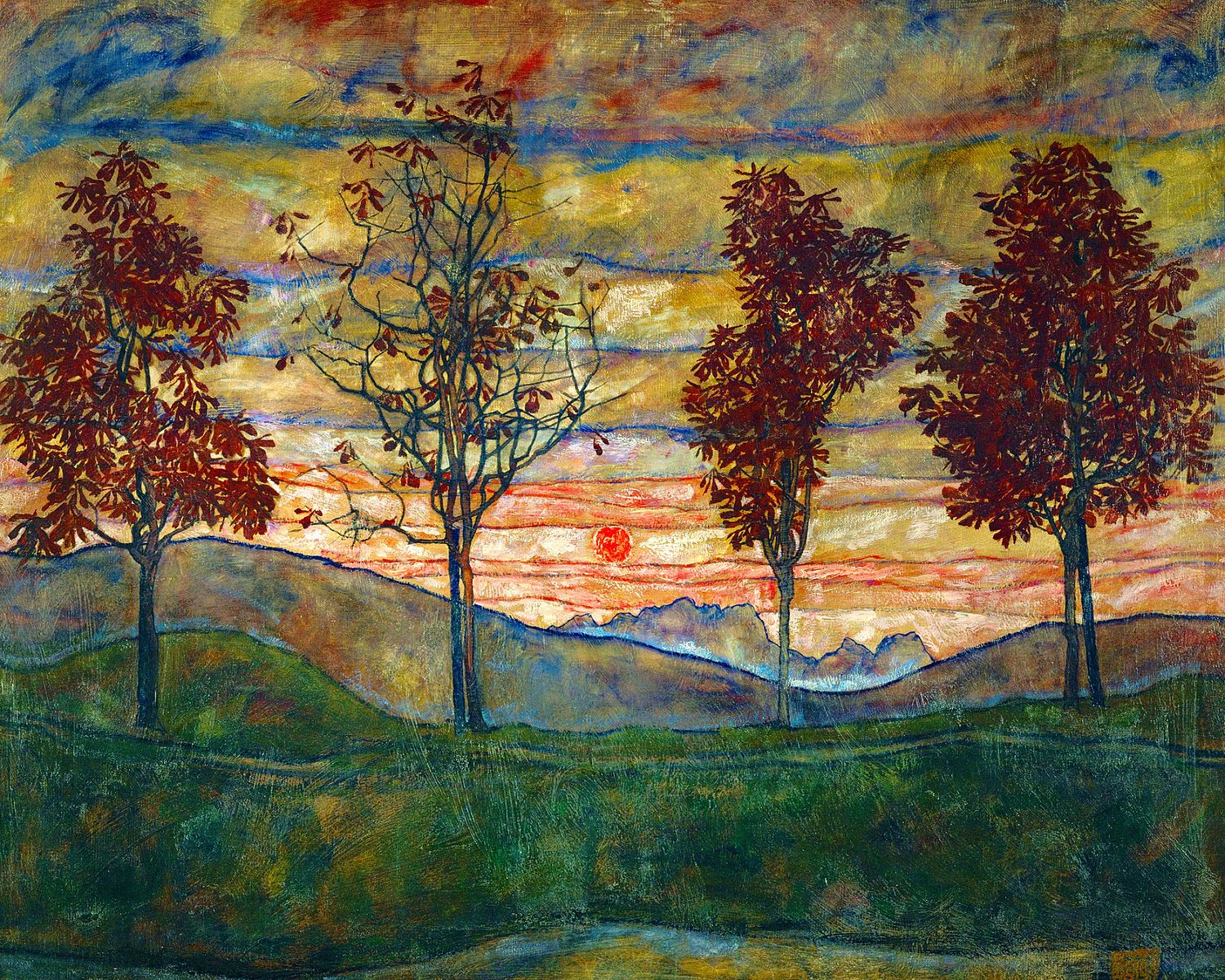 Painting, Four Trees by Egon Schiele. Four trees on a green hilly landscape.