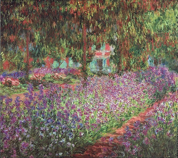 Painting by Claude Monet, The Artist's Garden at Giverny - Purple flowers in a lush garden with tall trees in the background.